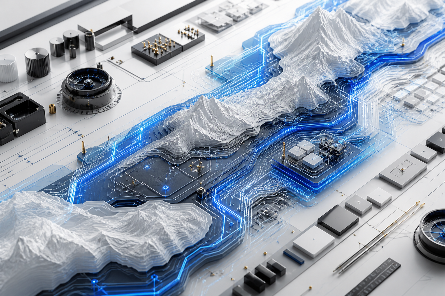 Circuit atlas table with mountain contours and cobalt route paths