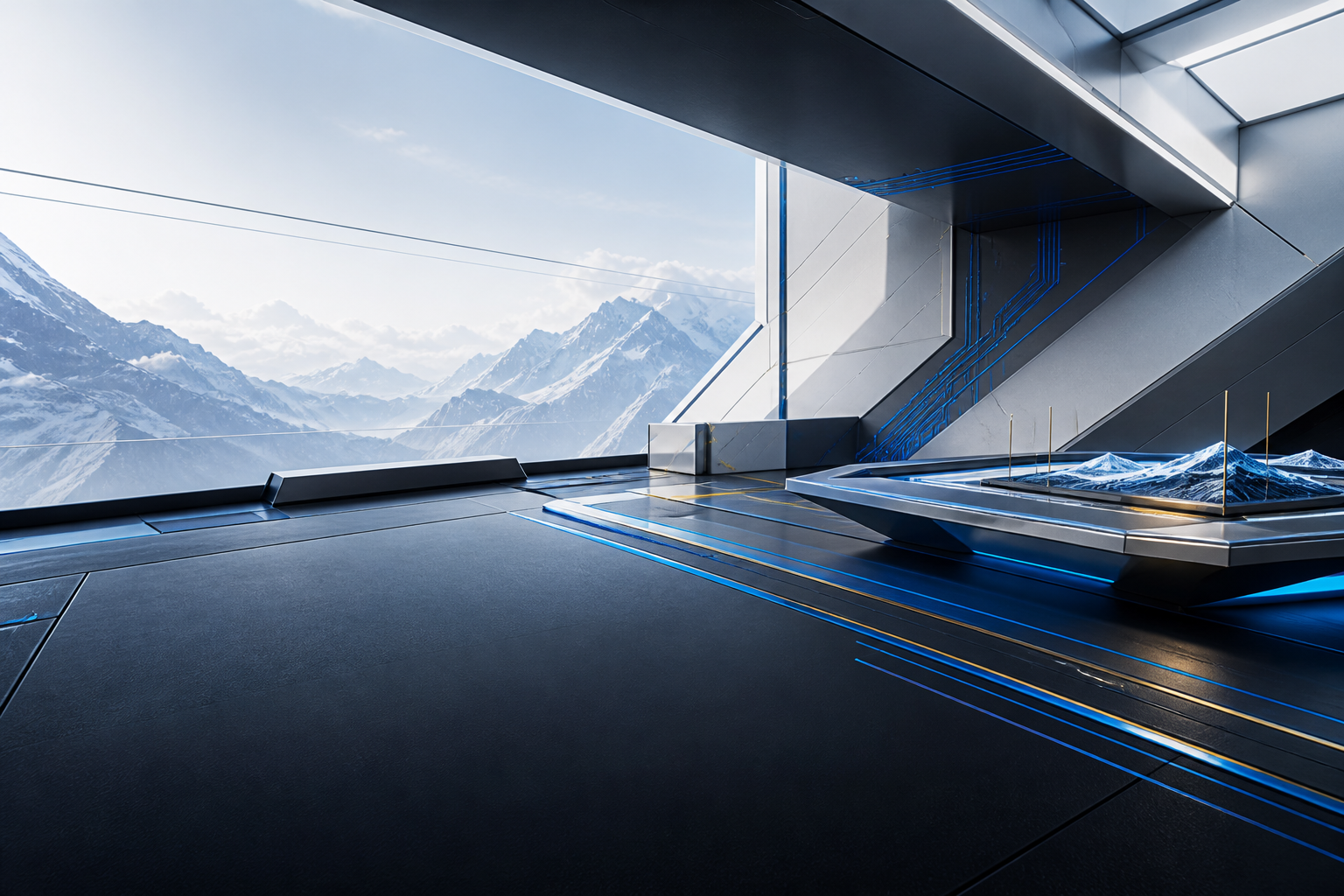 High-altitude interactive technology studio with cobalt circuit paths